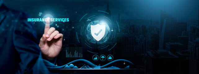 Insurance Services, Risk Mitigation, Digital Solutions, Businessman touch insurance...