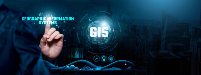 Geographic Information Systems (GIS), Spatial Intelligence, Data Mapping, Businessman touch...