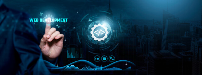 Web Development, Digital Transformation, Cutting-edge Solutions, Businessman touch web development-related text on the global network cyberspace, technology and innovation concept.