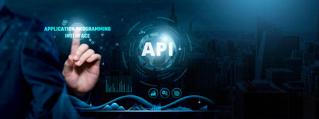 API Integration, Seamless Connectivity, Cutting-edge Solutions, Businessman touch API-related text...