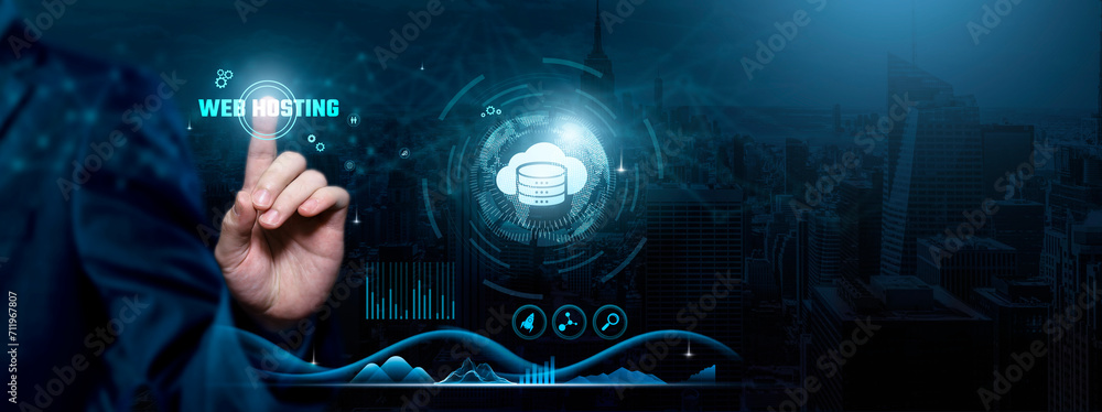 Aufkleber web hosting, digital infrastructure, seamless connectivity, businessman touch web hosting-related te