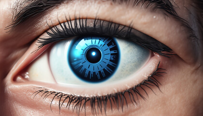 A close up of a futuristic robotic eye technology imitating a human left blue eye in a human face.