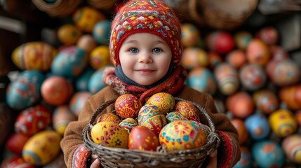 Fototapeta na wymiar A little one delightfully holding a basket filled with colorful Easter eggs, surrounded by festive decorations, the HD camera capturing the innocence and happiness of the celebration