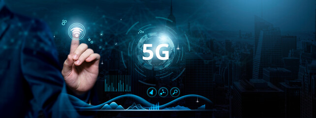 5G, Next-Generation Connectivity, Cutting-edge Wireless Technology, Businessman touch 5G-related...