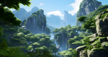 an animated scenery showing a mountain and river