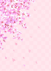 桜の和風フレーム背景　和柄　市松模様　桜吹雪　飾り枠　素材　お花見　入学　卒業　入園　卒園　入社　ひなまつり　ひな祭り　イメージ　縦長