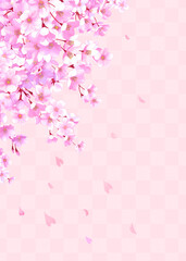 Obraz premium 桜の和風フレーム背景 和柄 市松模様 桜吹雪 飾り枠 素材 お花見 入学 卒業 入園 卒園 入社 ひなまつり ひな祭り イメージ 縦長