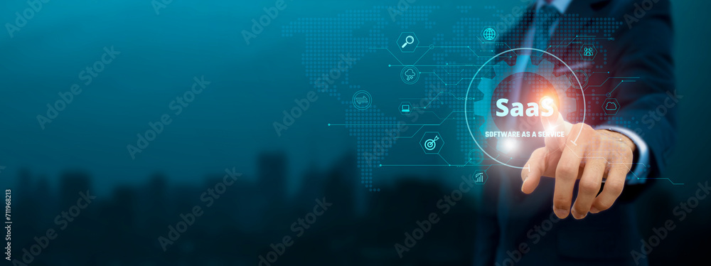 Poster global business structure of network. businessman touch saas (software as a service) icon and intern