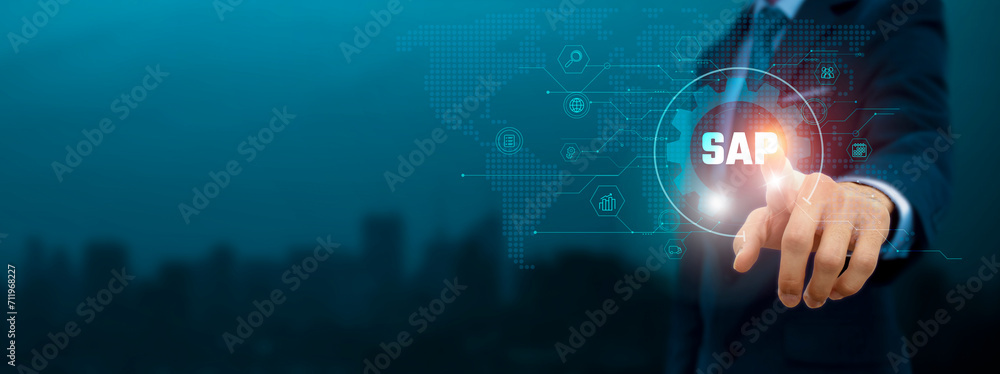 Aufkleber global business structure of network. businessman touch sap icon and internet technology on virtual 