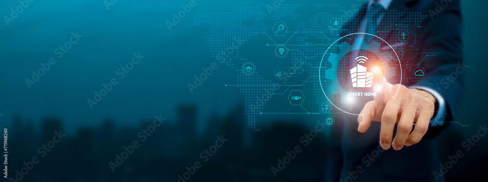 Poster global business structure of network. businessman touch smart home icon and internet technology on v
