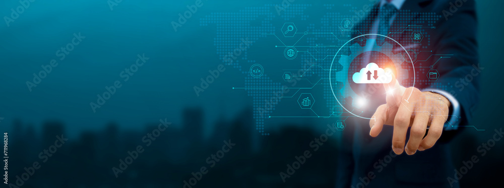 Poster global business structure of network. businessman touch backup icon and internet technology on virtu