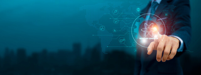 Global business structure of network. Businessman touch quantum computing icon and internet technology on virtual interface, and driving innovation in business Concept.