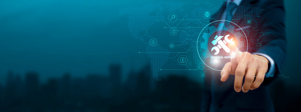 Global business structure of network. Businessman touch technical support icon and internet technology on virtual interface, ensuring seamless operations, and optimizing business efficiency Concept.