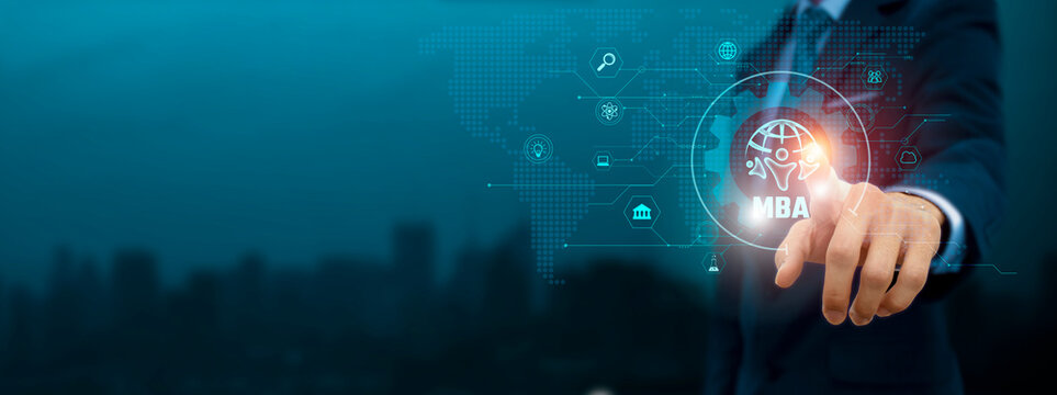 Global business structure of network. Businessman touch MBA icon and internet technology on virtual interface, driving strategic leadership, fostering managerial excellence, advancing business Concept