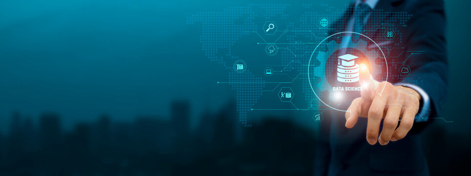 Global business structure of network. Businessman touch data science icon and internet technology on virtual interface, harnessing insights, optimizing processes, and advancing business Concept.