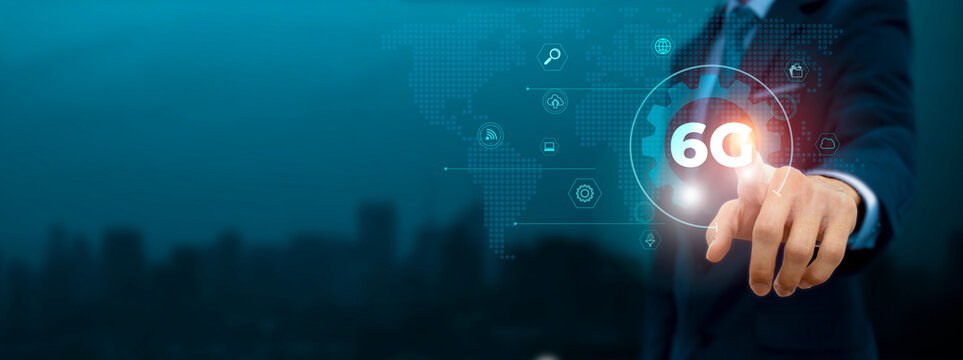Global business structure of network. Businessman touch 6G icon and internet technology on virtual interface, ensuring high-speed connectivity, and enhanced efficiency. Concept.