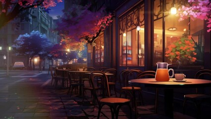 Animated illustration of a coffee shop street scene with a table and a cup of drink at night. Food shop illustration suitable for food business. background animation.