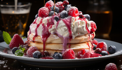 Freshness and sweetness on a homemade berry pancake stack generated by AI