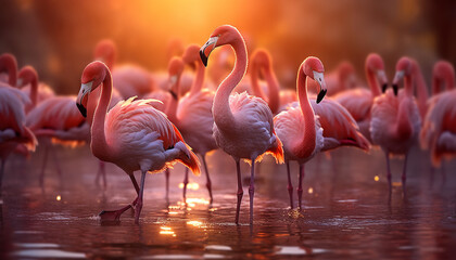 A vibrant group of flamingos wading in a tropical pond generated by AI