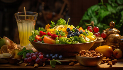 Freshness of nature bounty on a wooden table, healthy gourmet salad generated by AI