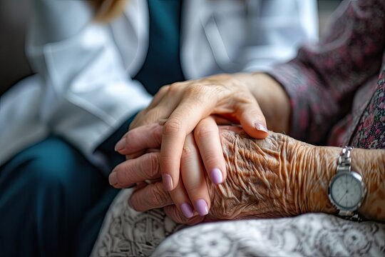 A heartwarming photo of a young doctor woman gently holding the hand of an elderly person