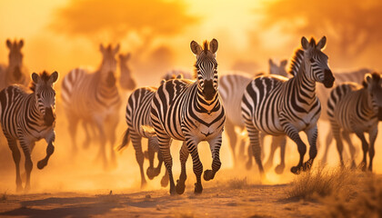 Fototapeta na wymiar Zebra herd grazing in African savannah, nature striped beauty generated by AI