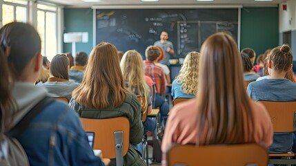 A classroom filled with college students, seen from the back, all turned towards a teacher at a whiteboard, interactive learning scene. Created Using: group photography, classroom interaction, teacher