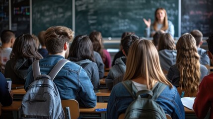 A classroom filled with college students, seen from the back, all turned towards a teacher at a whiteboard, interactive learning scene. Created Using: group photography, classroom interaction, teacher