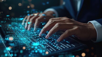 Close-up of a businessman's hands typing on a virtual command prompt, with AI ChatGPT interface, demonstrating advanced technology use. Created Using: macro photography, hands on virtual keyboard, AI 
