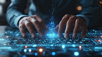 Close-up of a businessman's hands typing on a virtual command prompt, with AI ChatGPT interface, demonstrating advanced technology use. Created Using: macro photography, hands on virtual keyboard, AI 