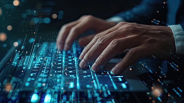 Close-up of a businessman's hands typing on a virtual command prompt, with AI ChatGPT interface, demonstrating advanced technology use. Created Using: macro photography, hands on virtual keyboard, AI 