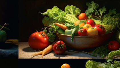 Fresh organic vegetables, ripe fruits, healthy eating, and gourmet cooking generated by AI