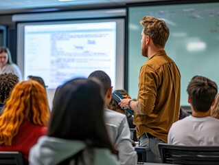 A classroom filled with college students, seen from the back, all turned towards a teacher at a whiteboard, interactive learning scene. Created Using: group photography, classroom interaction, teacher