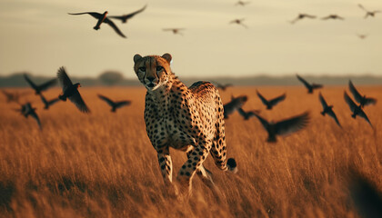 Majestic cheetah running in the African savannah at sunset generated by AI