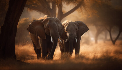 Elephants roam freely in the African wilderness, a majestic sight generated by AI - obrazy, fototapety, plakaty