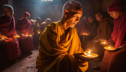Monk meditating, candle flame burning, religious ceremony, symbols of peace generated by AI