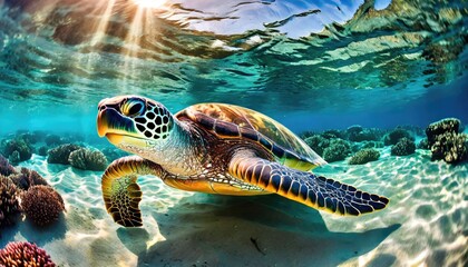 The green sea turtle swimming in the sea.