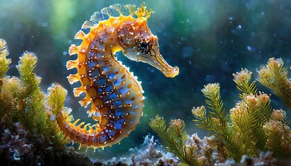 The colorful sea horse in the deep sea. - obrazy, fototapety, plakaty