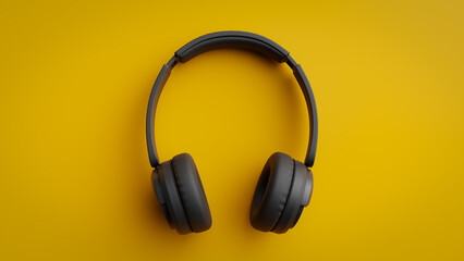 Fototapeta na wymiar Black wireless headphones on yellow background,3d rendering