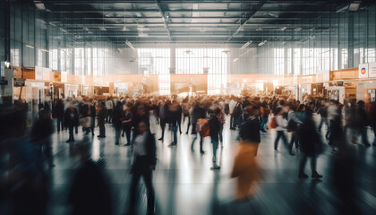 Background of an expo with blurred individuals in an exposition hall. Concept for a major international exposition, conference center, corporate marketing, and event fair - obrazy, fototapety, plakaty