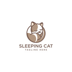 Cute cartoon cat logo, sleeping curled up in a circle. Sleeping cat logo design template. Cute pet logo concept. Vector illustration. flat color cartoon vector. Isolated vector clip art illustration.