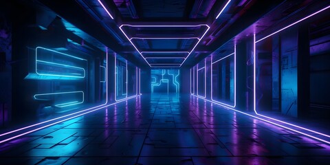 Rectangle Laser Blue Purple Glowing Sci Fi Neon Frame Concrete Reflective Floor Texture Metallic Cyberpunk Cyber Synth Tunnel Corridor Garage Warehouse in Virtual Reality Background Dark