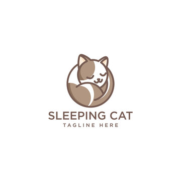 Cute cartoon cat logo, sleeping curled up in a circle. Sleeping cat logo design template. Cute pet logo concept. Vector illustration. flat color cartoon vector. Isolated vector clip art illustration.