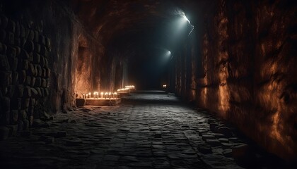 eerie, never ending medieval catacombs lit by flames. Concept of a mystical nightmare