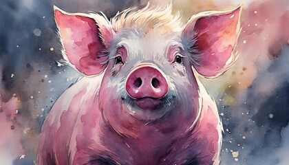 The watercolor of the pink pig in the farm. - obrazy, fototapety, plakaty