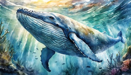 The watercolor of the blue whale under the sea.