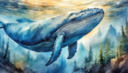 The watercolor of the blue whale under the sea. - obrazy, fototapety, plakaty