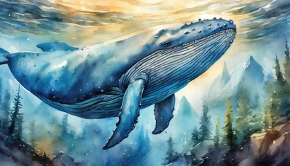 Muurstickers The watercolor of the blue whale under the sea. © hugo