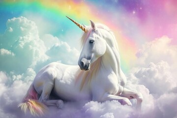 Naklejka na ściany i meble Full shot, unicorn on rainbow sky background. Generative AI.