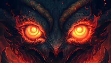Illustration of a hellish demon creature with blazing eyes standing close up against a background of flames